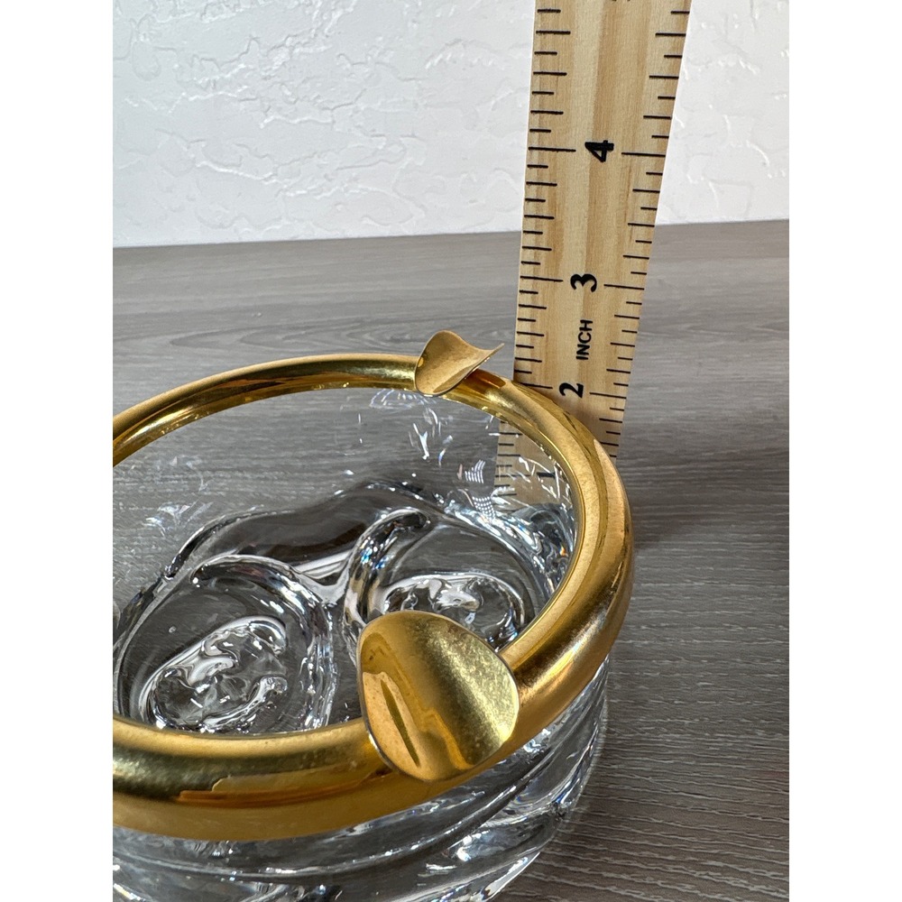 Vintage Crystal Glass Ashtray with Gold Metal Rim Mid Century Modern Decor - Picture 6 of 7